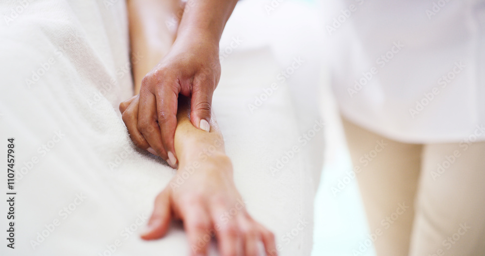 Hands, spa and massage on arm for muscles with luxury, self care and wellness. People, customer and masseuse on break or resting at resort on closeup for body therapy service, treatment and peace