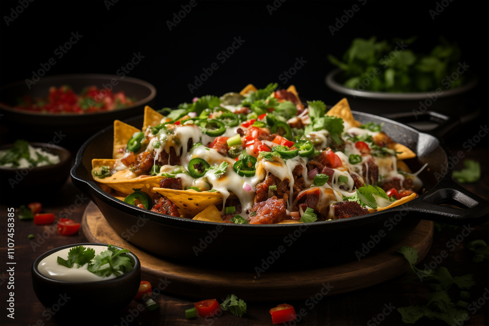 Nachos in a cast-iron skillet with sizzling cheese, diced chorizo, and fresh herbs, served on a dark wooden table with a side of lime wedges. Nachos in a cast-iron skillet with sizzling cheese, diced chorizo, and fresh herbs, served on a dark wooden table with a side of lime wedges.