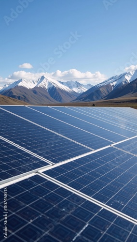 Solar panels amidst mountainous landscapes under clear blue skies - promoting green energy and sustainability photo