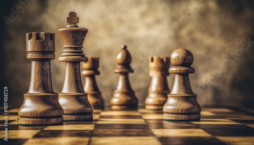 Wooden Chess Pieces Staged On A Chessboard In Dramatic Sepia Toned Lighting With Space For Text, Creating An Artistic And Elegant Composition. photo