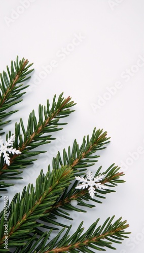 A Merry Christmas greeting card showcasing pine branches and snowflakes photo