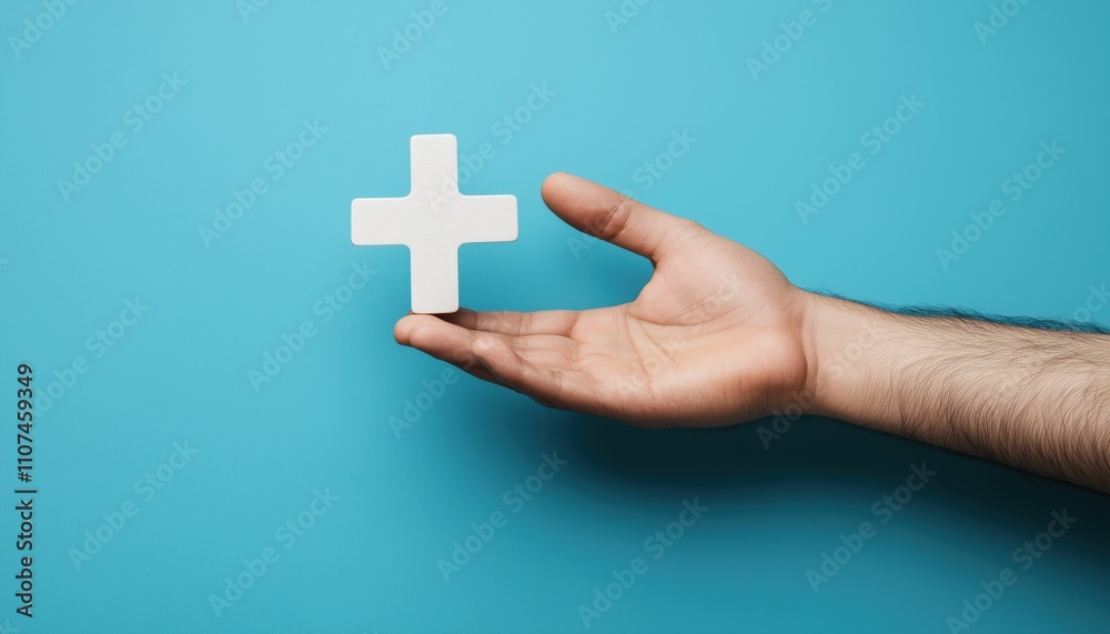Obraz premium Male Hand Holding Plus Sign Against Blue Background: Symbolic Representation Of Virtual Means To Provide Benefits And Positive Outcomes.