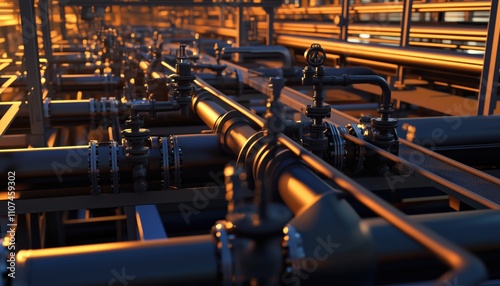 Oil Pipe System Business: Crude Oil Petrol Production And Energy Transportation Through Pipes, Barrels, And Valves In The Petroleum Fuel Industry.