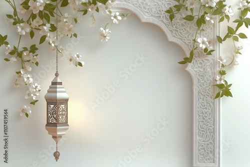 3D wallpaper with a white background, border design with white flowers and a lantern hanging on the wall photo