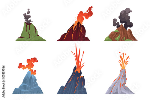 Volcanoes. Mountains eruption with fire lava explosion with smoke. Volcanic magma flow element for computer game landscape. Volcano vector isolated elements on white background
