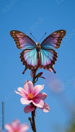 A blue-and-pink butterfly rests on a pink flower against a blue sky backdrop photo