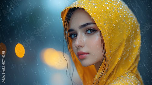 Portrait of a Beautiful White brunette Girl in Yellow Raincoat with Raindrops at Night on the City Road with Bookeh Effect on the Background