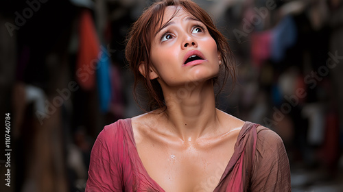 Distressed Woman in Red Dress Standing in a Dark Alleyway, Fearfully Looking Up photo