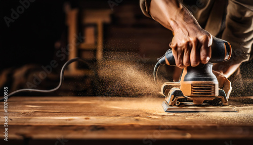 Electric sander in action on rough wooden table during home renovation project in a workshop setting