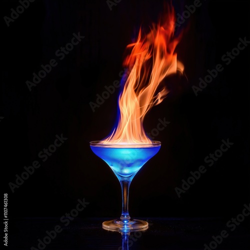 Blue cocktail on fire against a black background photo