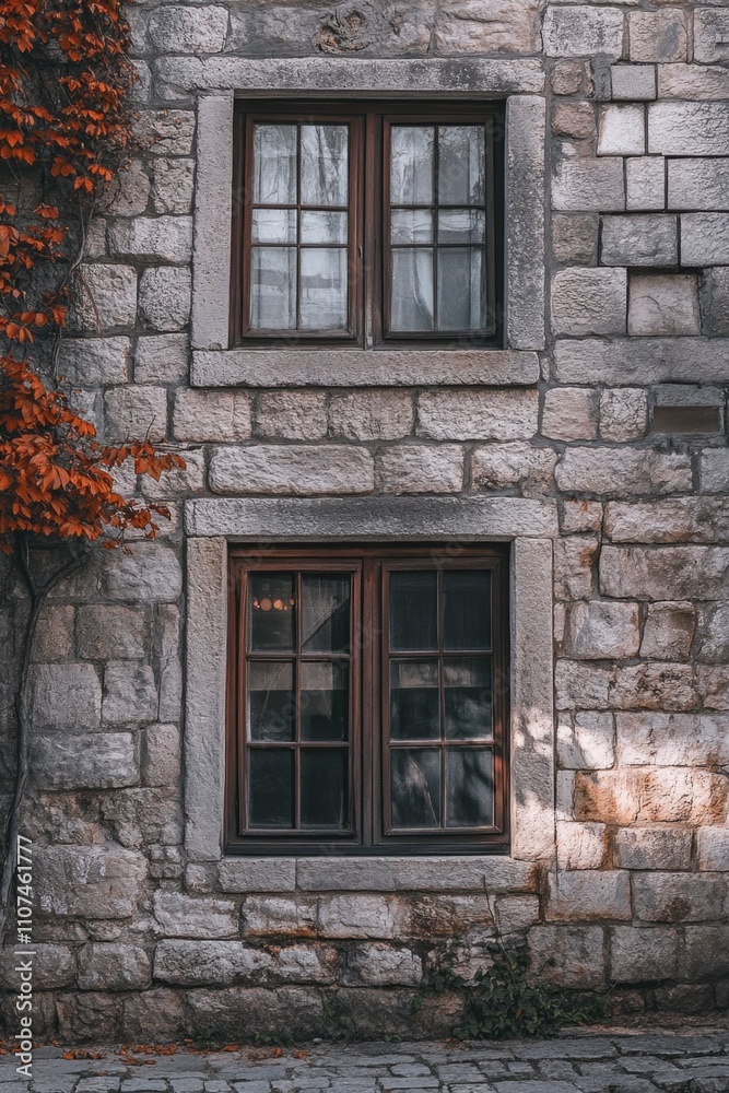 Obraz premium Stone cottage with two windows and tree