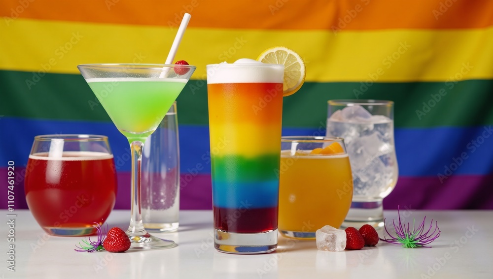 Fototapeta premium Colorful cocktails under a rainbow flag celebrating LGBT pride