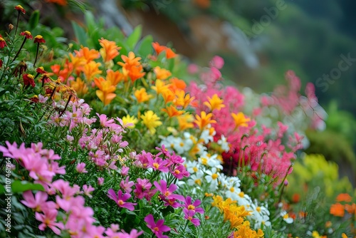 Lush garden with vibrant, diverse flowers and greenery with generative ai