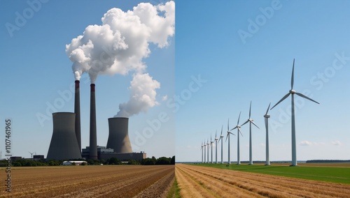 A side-by-side comparison of coal power plants versus wind farms symbolizing the shift towards renewable energy sources photo