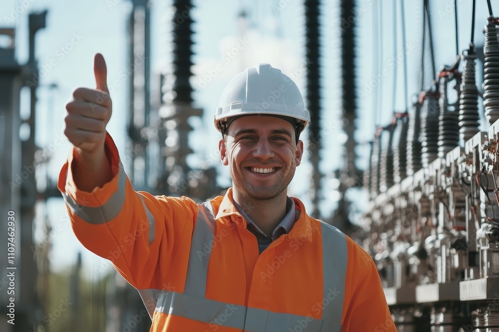 Smiling Electrical Worker in Safety Gear Giving Thumbs Up Near High Voltage Equipment at Power Station During Daylight in Clearly Structured and Safe Environment