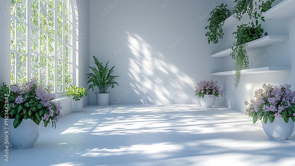 Sunlit indoor space adorned with plants and flowers in a serene, minimalist design setting Sunlit indoor space adorned with plants and flowers in a serene, minimalist design setting