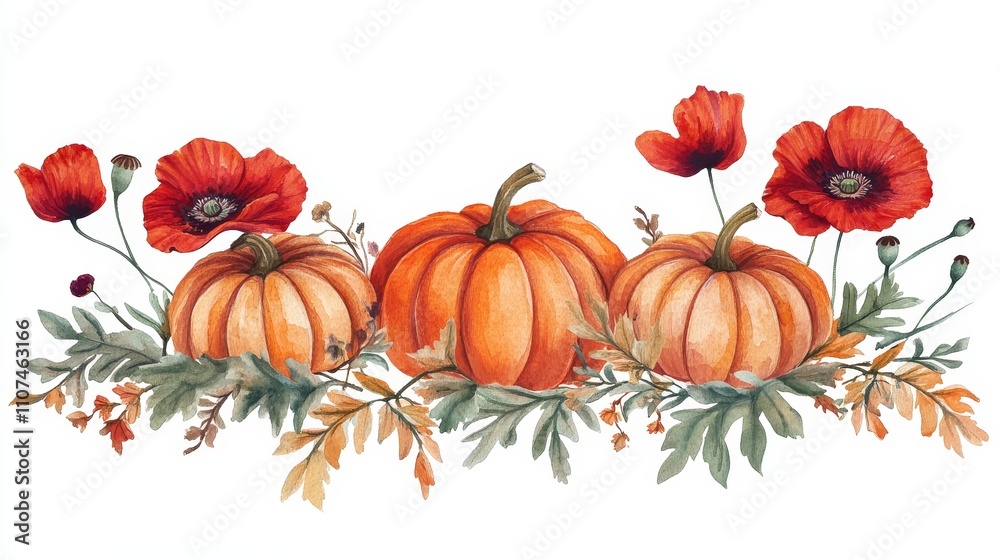 Naklejka premium Watercolor pumpkin and red poppy floral arrangement, autumn harvest illustration, botanical art, fall season decor