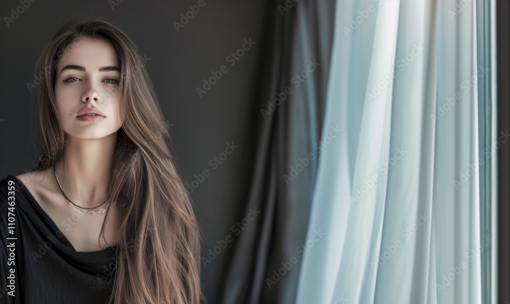 Fototapeta premium Elegant woman with long flowing hair posing by a window with soft natural light and sheer curtains.