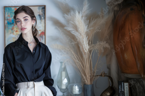 Elegant woman in a black satin blouse and beige skirt posing in a stylish interior with pampas grass décor. photo