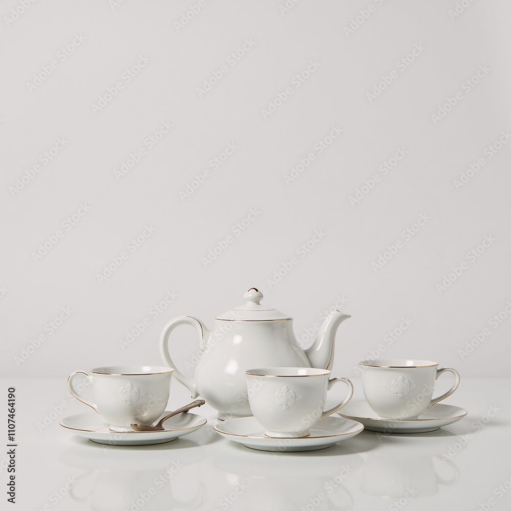 Fototapeta premium White-background image showcases a teapot among other refreshing tea set pieces tableware