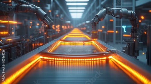 Futuristic robotic arms operate on a glowing conveyor belt in a high-tech factory.
