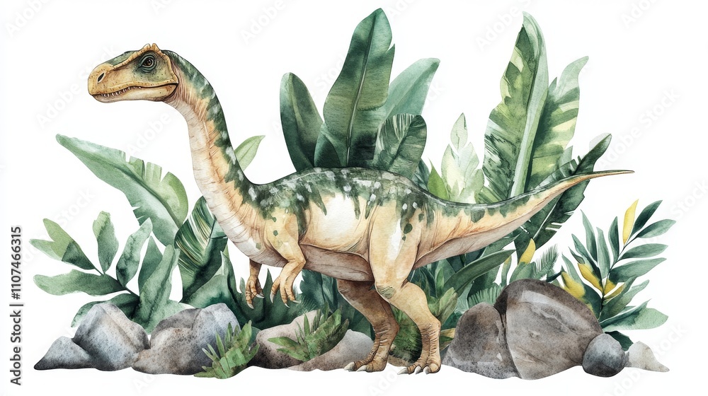 Fototapeta premium Dinosaur with tropical plants, green leaves, nature scene, prehistoric jungle, watercolor art, beautiful wildlife