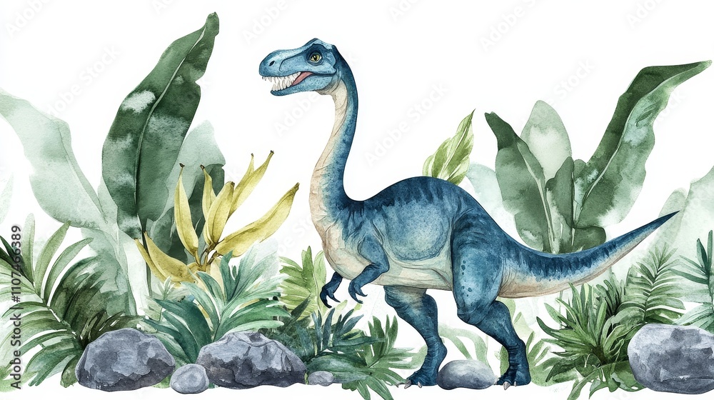 Fototapeta premium Blue dinosaur in jungle with green leaves and plants, watercolor art, prehistoric animal nature scene
