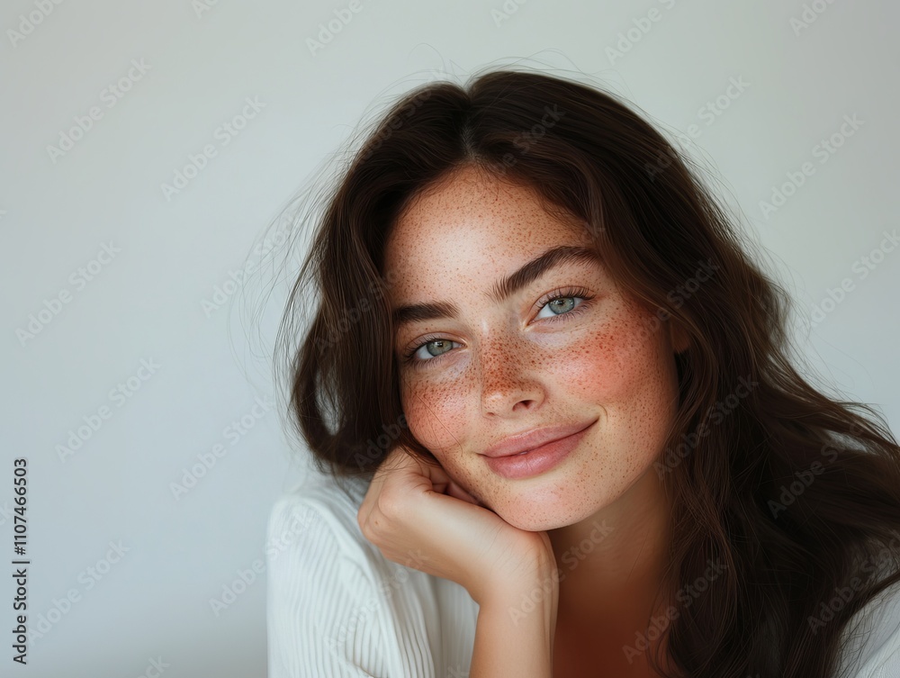 close up portrait of a brunette woman with freckles and blue eyes , skin care advertising close up portrait of a brunette woman with freckles and blue eyes , skin care advertising