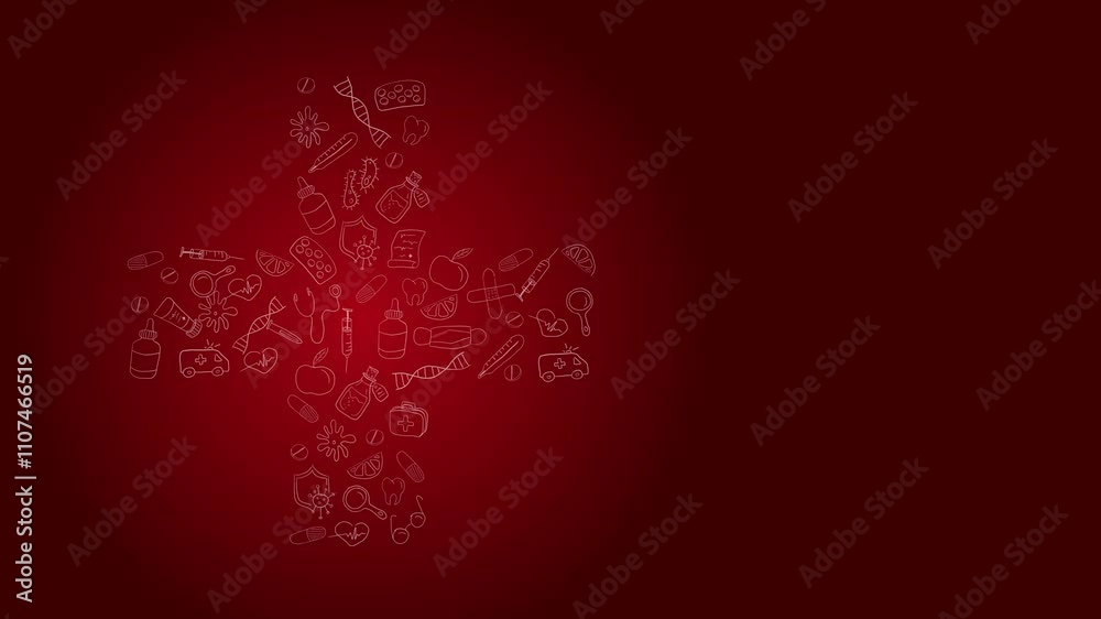 Thin health line icons animation. Modern outline elements, graphic design concepts, simple symbols on red loop background. Copy space.