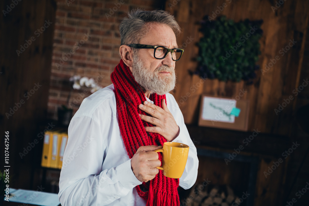 Fototapeta premium Photo of nice old man sore throat drink tea wear white shirt formalwear coworking successful nice light office