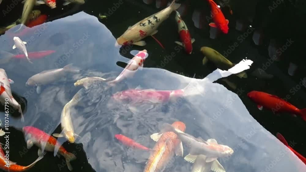 Group of Koi fish with clouds and sky reflected