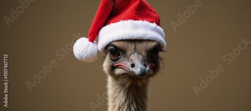 A festive emu bird sporting a Santa hat in a cute cartoony style