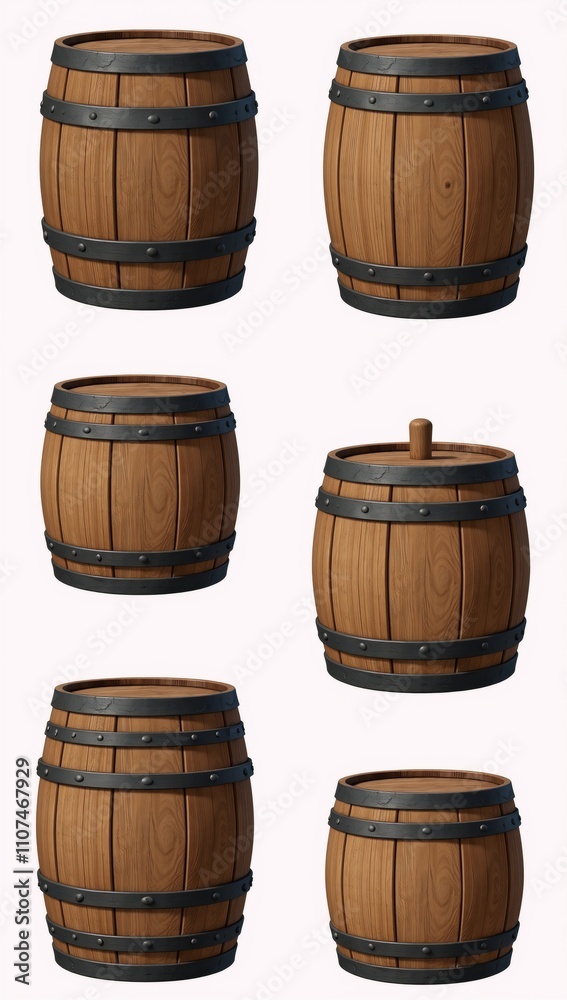 Cartoon-style wood barrel set against a clean white backdrop for a minimalistic presentation minimal design monochromatic