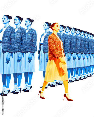 Woman in orange walking ahead of line of uniformly dressed professionals, symbolizing individuality, and innovation. Concept of business, leadership, achievement. Collage made with one model photo