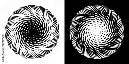 Abstract background with abstract line pattern in circles. Spiral art design as a logo or icon. A black figure on a white background and the same white figure on a black side. Mandala design with line