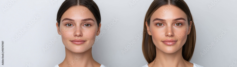 Obraz premium Biotechnology rejuvenation cosmetic surgery youthful concept. Two women with smooth, radiant skin, showing different hairstyles and expressions against a neutral background.
