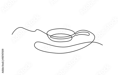 Frying pan icon continuous one line drawing vector, Pancake flipping on the pan in continuous one line art style. Simple vector illustration.
