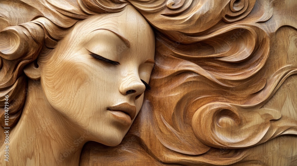 Intricate wood carving of a serene woman with flowing hair. Intricate wood carving of a serene woman with flowing hair.