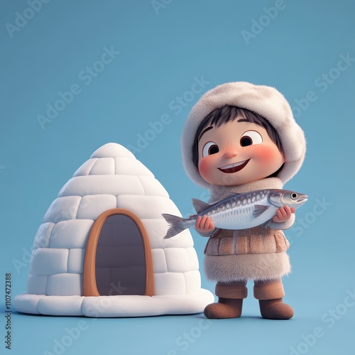 Child with fish and igloo, playful scene photo