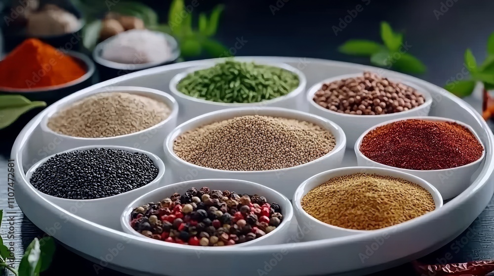 Aromatic Spice Collection in White Bowls on a Round Platter Aromatic Spice Collection in White Bowls on a Round Platter