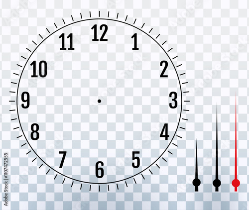 Vector round clock face,blank display dial of mechanical, electrical device with figures for measuring time, hours, minutes, seconds hands