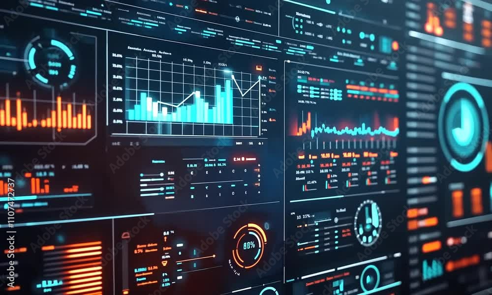 Futuristic digital dashboard displaying real-time data analytics and graphs.