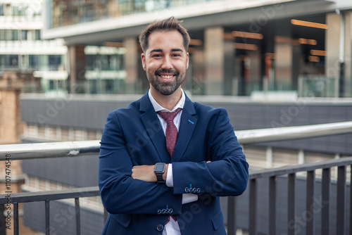 Portrait of smiling businessman with folded arms in urban setting