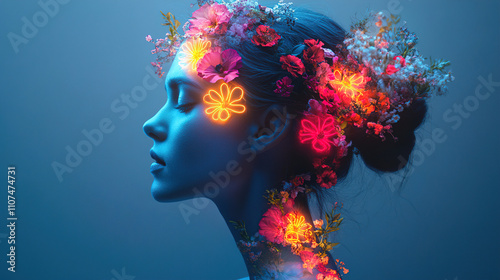 Woman's profile illuminated by neon flowers and surrounded by vibrant blooms in a creative artistic expression at night. Generative AI