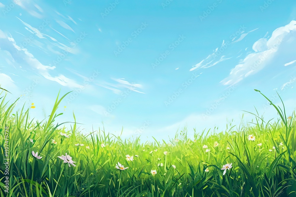 Obraz premium Spring Field with Long Grass, Wild Flowers and clear blue sky. Nature Background with space for text. with generative ai