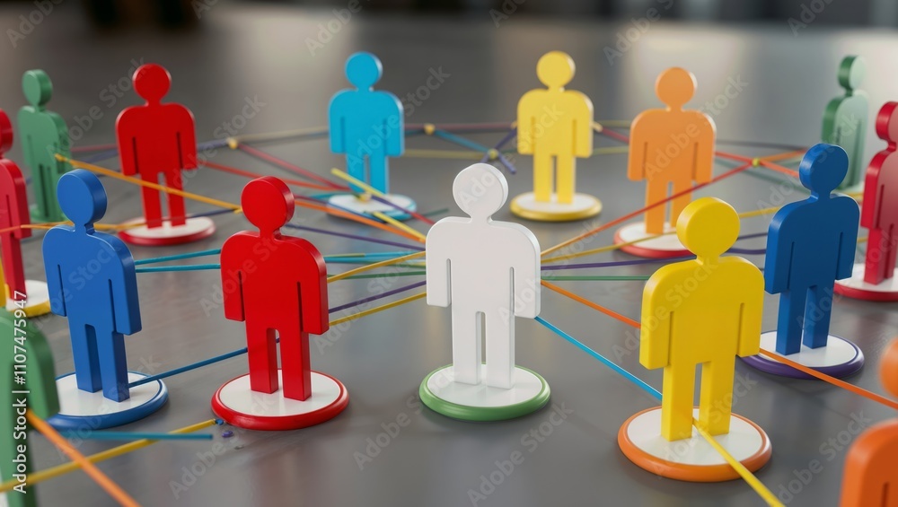 Obraz premium Colorful Figures Connected by Strings Symbolizing Teamwork and Unity