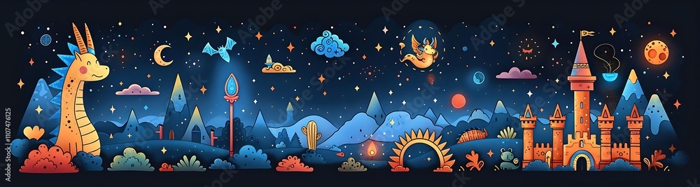 Naklejka premium Fantasy night scene with dragon, castle, and stars.