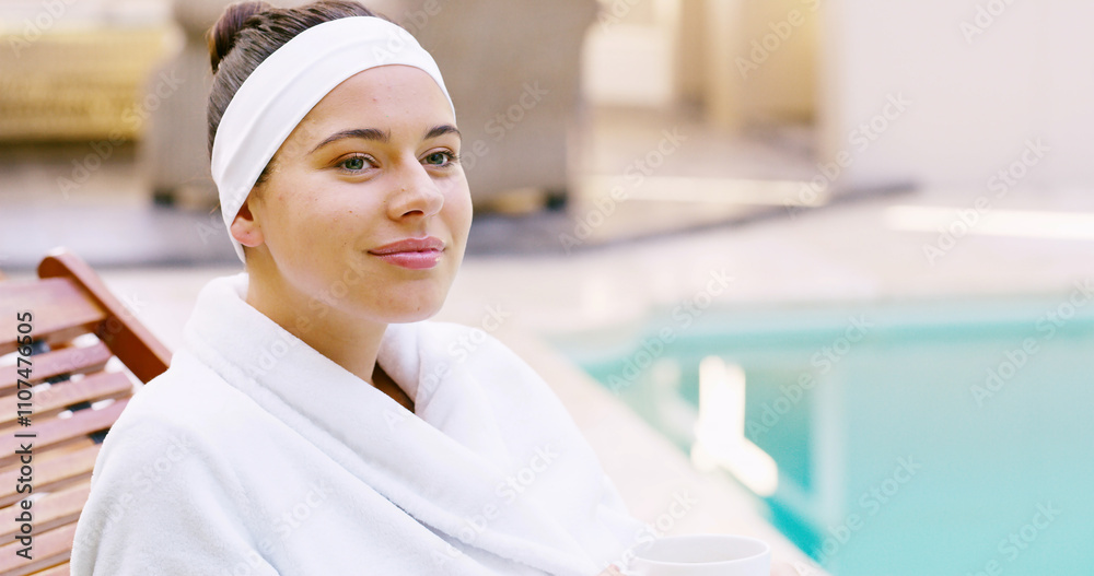 Relax, pool and woman at spa for wellness, health and satisfaction at resort, hotel and luxury pamper. Aesthetic, happy and person smile for dermatology, cosmetics treatment and beauty therapy Relax, pool and woman at spa for wellness, health and satisfaction at resort, hotel and luxury pamper. Aesthetic, happy and person smile for dermatology, cosmetics treatment and beauty therapy