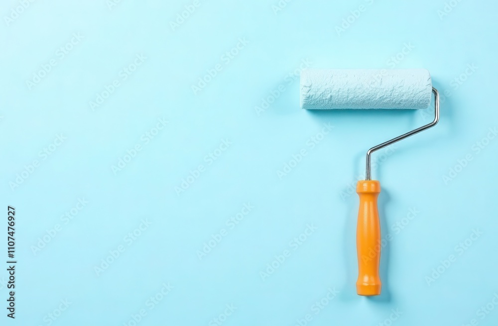 Obraz premium Paint roller on light blue wall for home renovation and interior design