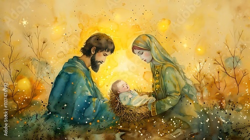 Watercolor painting of the Holy Family; Mary, Joseph, and baby Jesus in a manger.